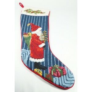 Christmas Needlepoint Stocking Standing Santa Holding Christmas Tree Blue Stripe